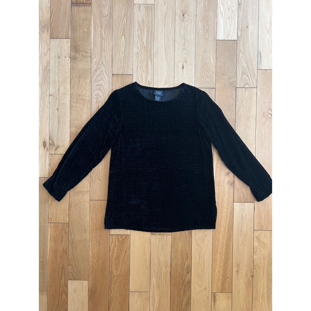 Eileen Fisher Women's Velvet Burnout Semi Sheer Black Long Sleeve Top Size XS